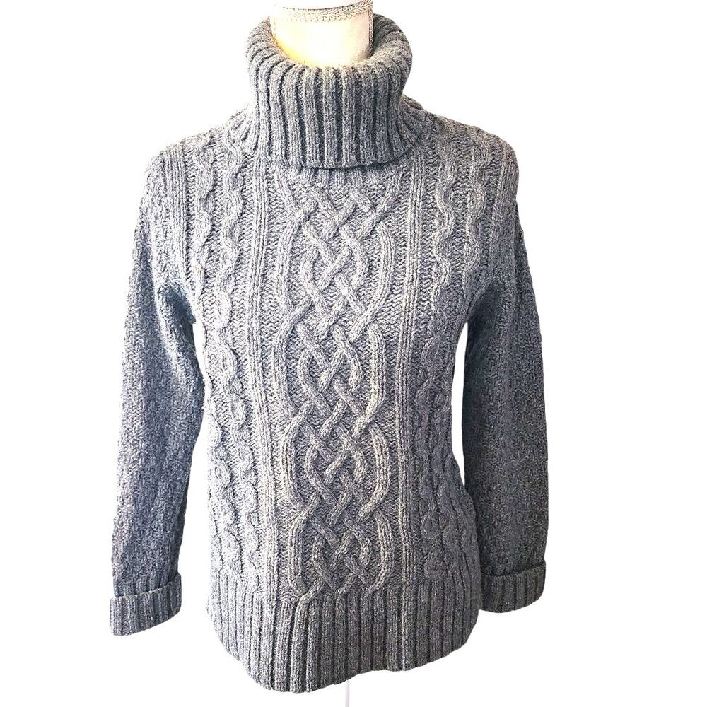 Eddie Bauer Gray Lambswool Turtleneck Cable Knit Sweater Petite Size Small